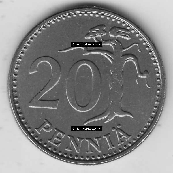 Grau bzw. s/w Alte Münzen KMS Finnland, Kursmünzensatz 1976 in Stempelglanz 1963-1990, 20 Penny Penniä 1976-1, SUOMEN TASAVALTA. Rückseite einer Münze aus KMS /... Sammlung Graustufen