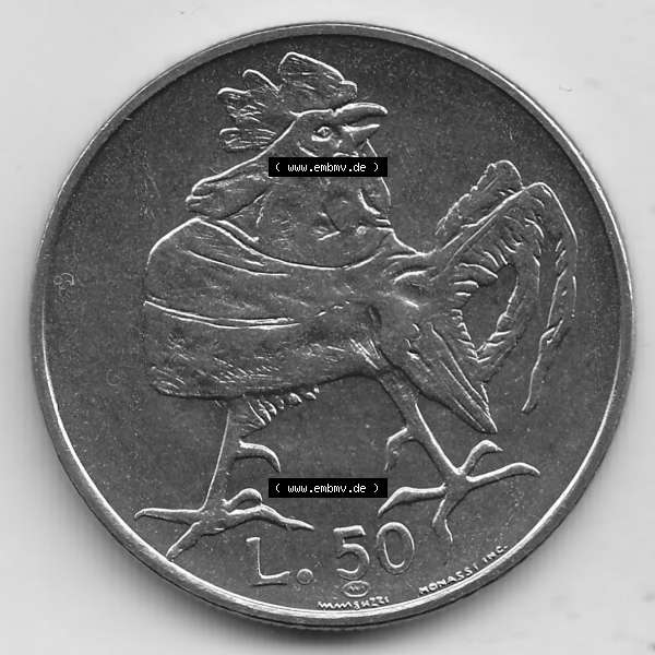 Grau bzw. s/w Bildmaterial Münzensatz / KMS 1974 aus San Marino 1974-1974, 50 Lire, L.50 MINGUZZI MONASSI INC.. Rückseite als Einzelansicht einer Umlaufmünze aus 1974... Sammlung Graustufen