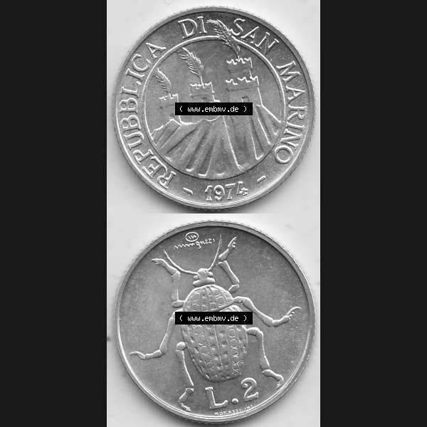 Grau bzw. s/w Bildmaterial Münzensatz / KMS 1974 aus San Marino 1974-1974, 2 Lire, L.2 MINGUZZI MONASSI INC.. Vorderseite und Rückseite als vertikales untereinander zusammengefügte... Sammlung Graustufen