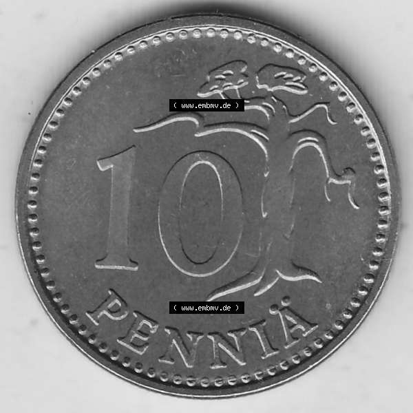 Grau bzw. s/w Alte Münzen KMS Finnland, Kursmünzensatz 1976 in Stempelglanz 1963-1982, 10 Penny, Penniä 1976-1, SUOMEN TASAVALTA. Rückseite einer Münze aus KMS... Sammlung Graustufen