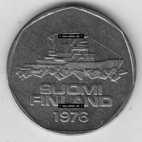 Grau bzw. s/w Alte Münzen KMS Finnland, Kursmünzensatz 1976 in Stempelglanz 1972-1978, 5 Finnische Mark, Markkaa 1976-1, SUOMI FINLAND. Vorderseite einer Münze aus KMS /... Sammlung Graustufen