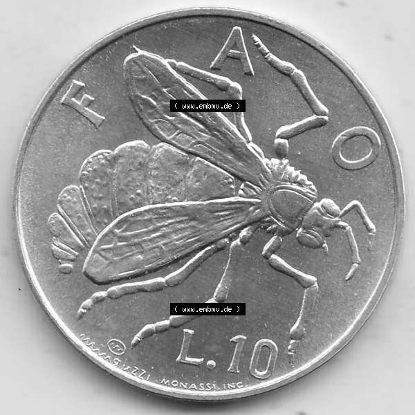 Grau bzw. s/w Bildmaterial Münzensatz / KMS 1974 aus San Marino 1974-1974, 10 Lire, L.10 MINGUZZI MONASSI INC.. Rückseite als Einzelansicht einer Umlaufmünze aus 1974... Sammlung Graustufen