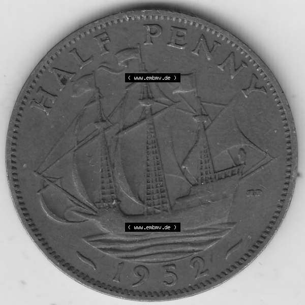 Grau bzw. s/w Alte Münzen Großbritannien Umlaufmünze 1949-1952, Half Penny, 1952-1, George VI, HALF PENNY HP, Segelschiff. Rückseite der alten britischen Münze... Sammlung Graustufen