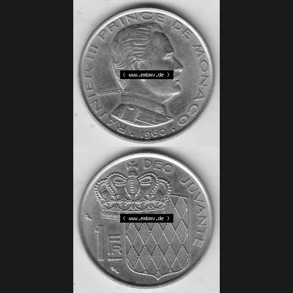 Grau bzw. s/w Alte Münzen Monaco Umlaufmünze Vollansicht 1960-1995, 1 Franken, Francs 1960-1, RAINIER III PRINCE DE MONACO R. COCHET, 1 FR DEO JUVANTE. Vorderseite und... Sammlung Graustufen