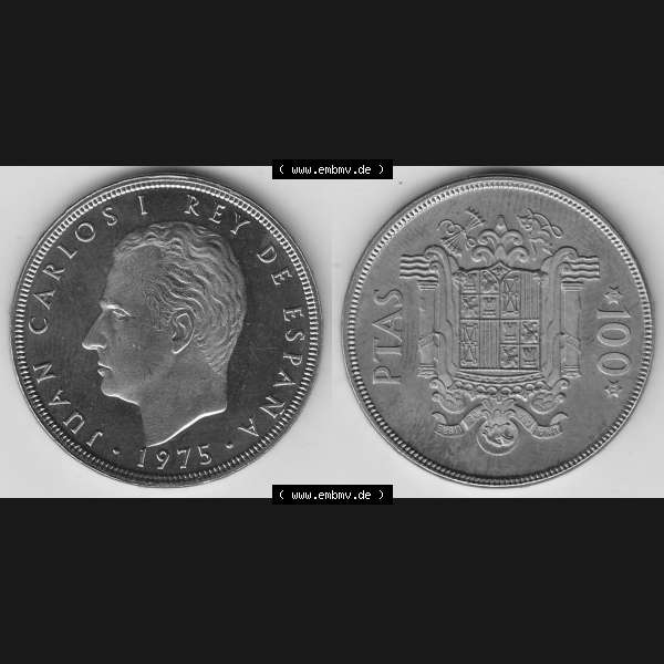 Grau bzw. s/w Alte Münzen KMS Spanien Madrid, Kursmünzensatz 1975, in Stempelglanz 1975-1979, 100 Peseten 1976-1, JUAN CARLOS I REY DE ESPAÑA. Vorderseite und Rückseite... Sammlung Graustufen
