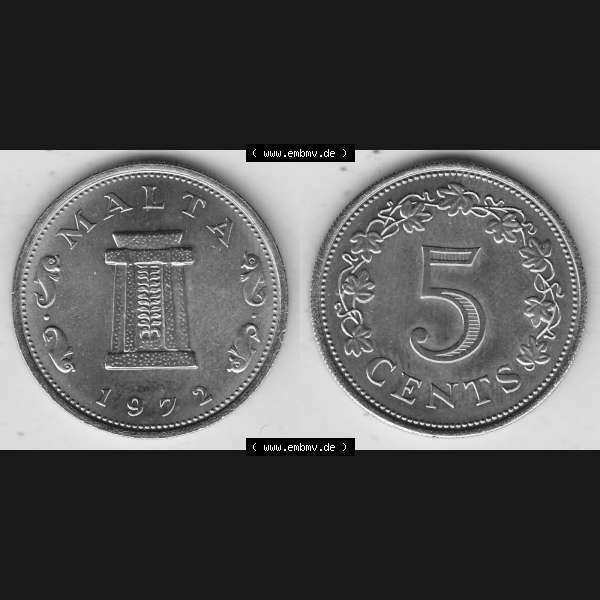 Grau bzw. s/w Bildmaterial Münzensatz / KMS 1972 aus Malta 1972-1981, 5 Cent 1972-1, MALTA 5 CENTS. Vorderseite und Rückseite als horizontales Bildmaterial für Computer-Grafiker... Sammlung Graustufen