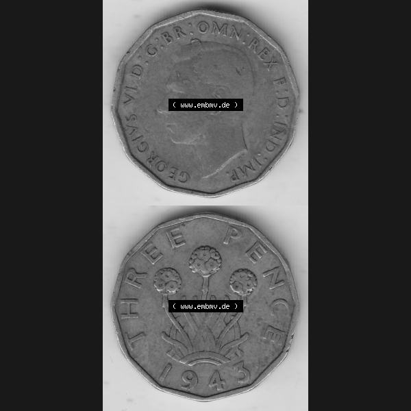 Grau bzw. s/w Alte Münzen Großbritannien Umlaufmünze 1937-1948, 3 Pence, Three Pence 1943-1, George VI, GEORGIVS VI D G BR OMN REX F D IND IMP. Vorderseite und Rückseite... Sammlung Graustufen