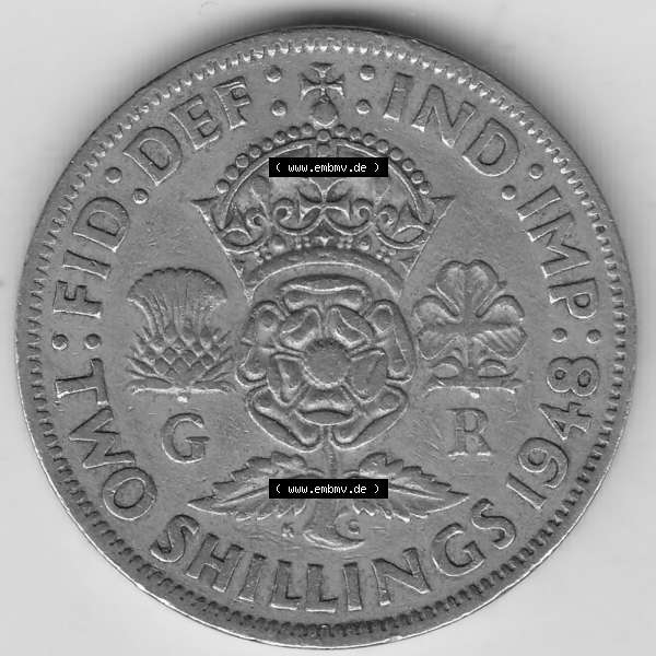 Grau bzw. s/w Alte Münzen Großbritannien Umlaufmünze 1947-1948, 2 Schilling-Florin, Two Shillings, 1948-3, George VI, GEORGIVS VI D G BR OMN REX, FID DEF IND IMP,... Sammlung Graustufen