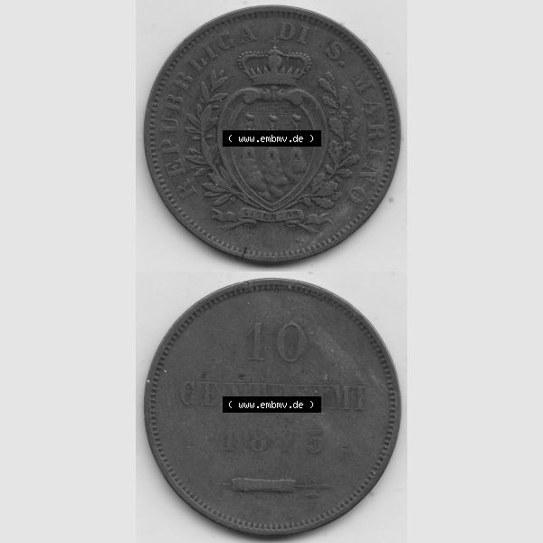 Grau bzw. s/w Bildmaterial Münzen aus San Marino vor 1900, 1875-1894, 10 Centesimi, Cent-Wert, 1875-1, GORI LIBERTAS REPUBBLICA DI S. MARINO, 10 CENTESIMI. Vorderseite... Sammlung Graustufen