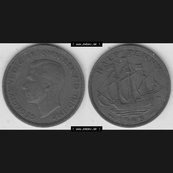Grau bzw. s/w Alte Münzen Großbritannien Umlaufmünze 1937-1948, Half Penny, 1948-1, George VI, HALF PENNY HP, Segelschiff. Vorderseite und Rückseite horizontal... Sammlung Graustufen