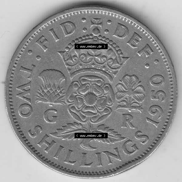 Grau bzw. s/w Alte Münzen Großbritannien Umlaufmünze 1949-1951, 2 Schilling, Shillings (Florin) 1950-1, George VI, GEORGIVS VI DG BR OMN REX, FID DEF TWO SHILLINGS.... Sammlung Graustufen