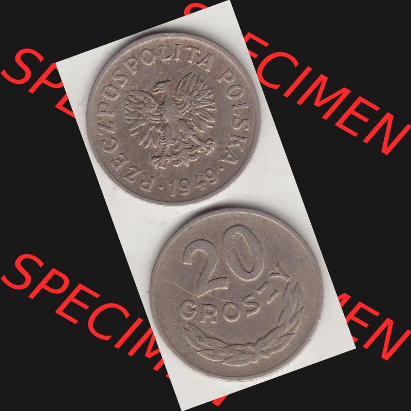Münzen Polen KMS, Kursmünzensatz 1949-1949, Republik Polen 20 Groszy, Groschen, Kupfer 1949-1. Vorderseite und Rückseite vertikal, untereinander mit... Sammlung