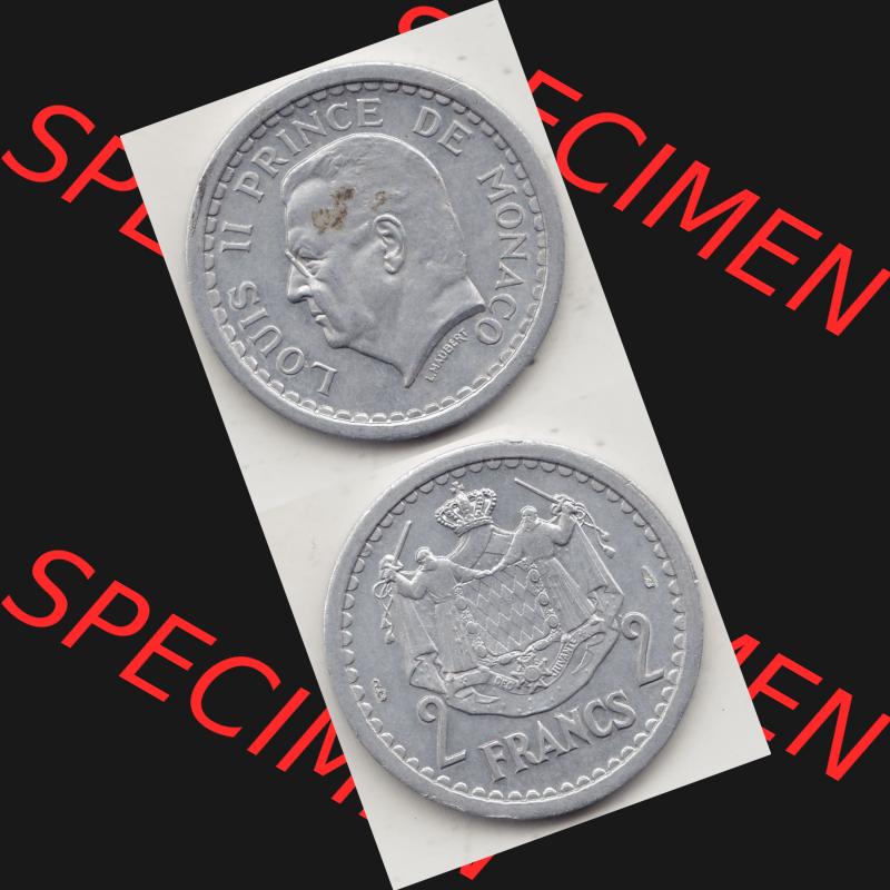 Alte Münzen Monaco Umlaufmünze Vollansicht 1943-1943, 2 Franken 1943-2, in Aluminium, LOUIS II PRINCE DE MONACO, 2 FRANCS DEO JUVANTE. Vorderseite und Rückseite... Sammlung
