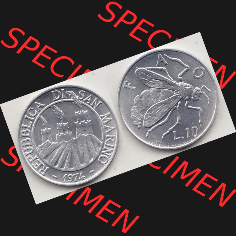 Bildmaterial Münzensatz / KMS 1974 aus San Marino 1974-1974, 10 Lire, L.10 MINGUZZI MONASSI INC.. Vorderseite und Rückseite als horizontales Bildmaterial... Sammlung