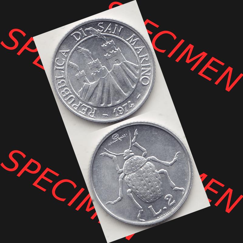 Bildmaterial Münzensatz / KMS 1974 aus San Marino 1974-1974, 2 Lire, L.2 MINGUZZI MONASSI INC.. Vorderseite und Rückseite als vertikales untereinander zusammengefügte... Sammlung