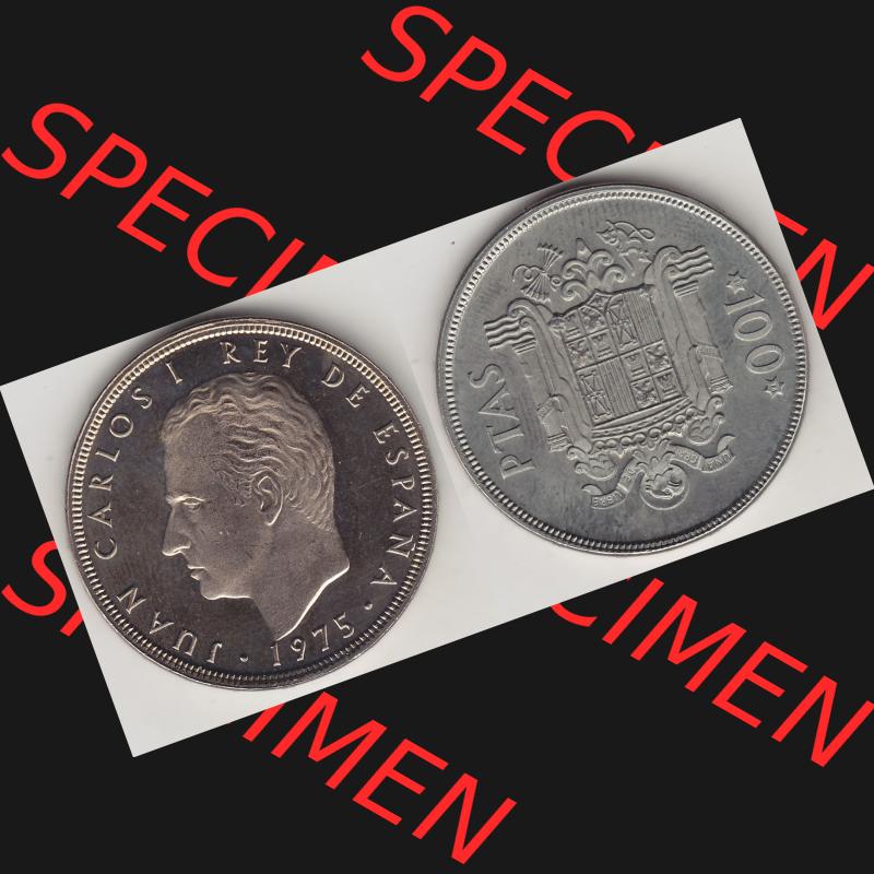 Alte Münzen KMS Spanien Madrid, Kursmünzensatz 1975, in Stempelglanz 1975-1979, 100 Peseten 1976-1, JUAN CARLOS I REY DE ESPAÑA. Vorderseite und Rückseite... Sammlung
