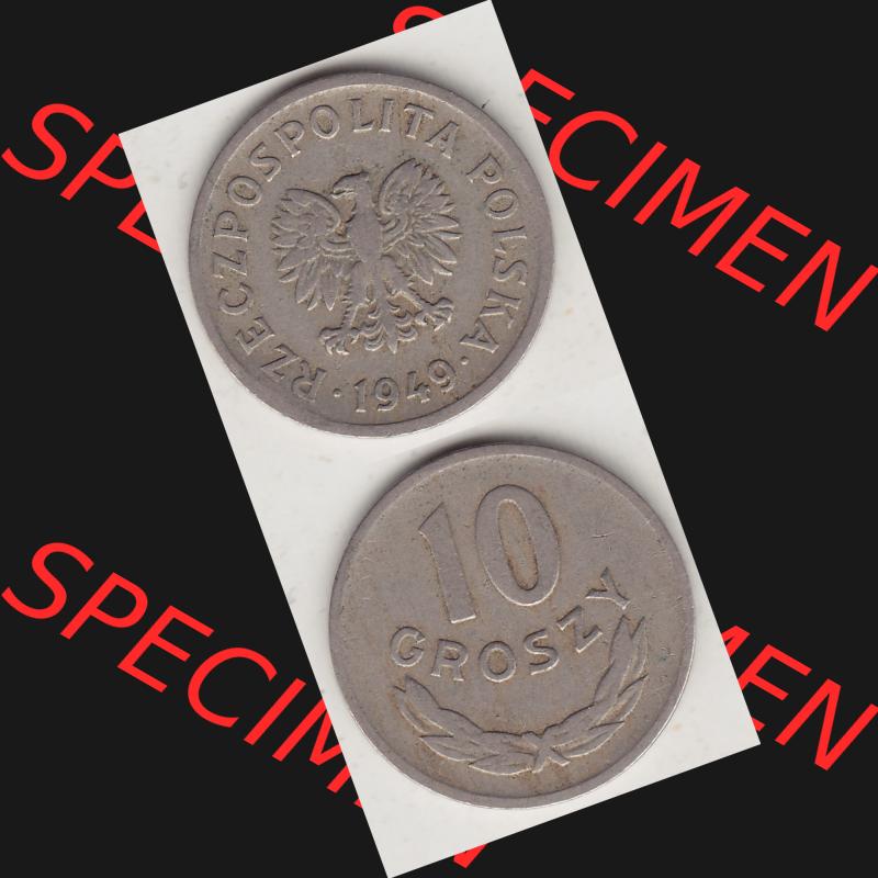 Münzen Polen KMS, Kursmünzensatz 1949-1949, Republik Polen 10 Groszy, Groschen, Kupfer 1949-1. Vorderseite und Rückseite vertikal, untereinander mit... Sammlung