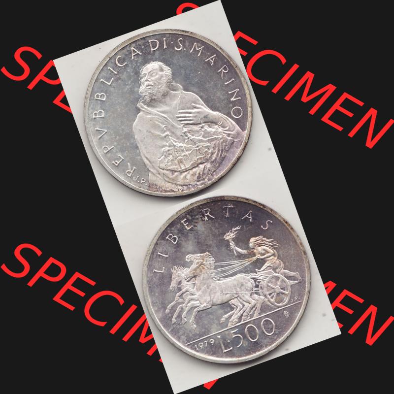 Bildmaterial Münzensatz / KMS 1979 aus San Marino 1979-1979, 500 Lire, Silbermünze J.P. REPVBBLICA DI SAN MARINO, 1979 J.P. L.500 LIBERTAS.... Sammlung