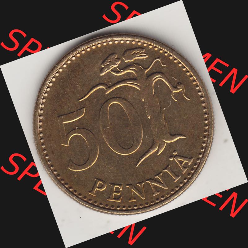 Alte Münzen KMS Finnland, Kursmünzensatz 1976 in Stempelglanz 1963-1990, 50 Penny Penniä 1976-1, SUOMEN TASAVALTA. Rückseite einer Münze aus KMS /... Sammlung