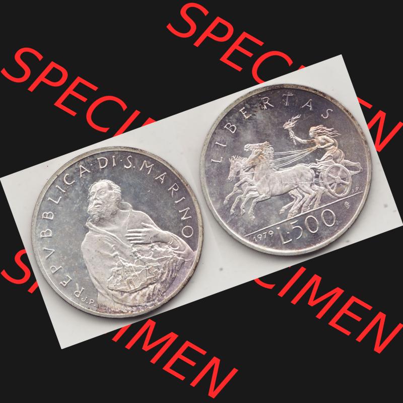 Bildmaterial Münzensatz / KMS 1979 aus San Marino 1979-1979, 500 Lire, Silbermünze J.P. REPVBBLICA DI SAN MARINO, 1979 J.P. L.500 LIBERTAS.... Sammlung
