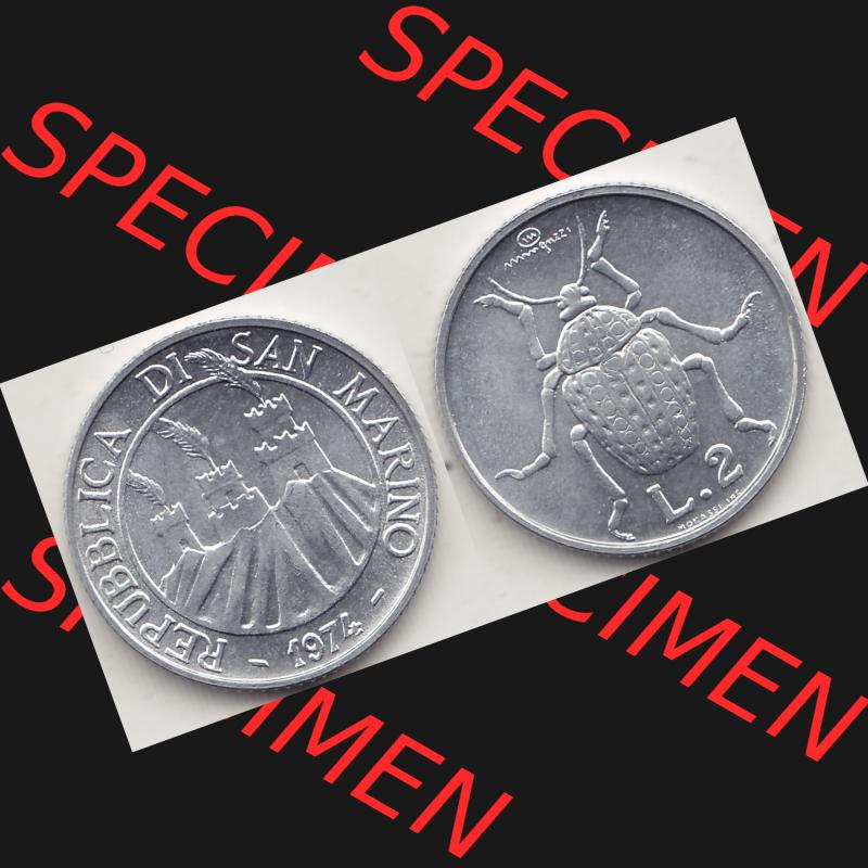 Bildmaterial Münzensatz / KMS 1974 aus San Marino 1974-1974, 2 Lire, L.2 MINGUZZI MONASSI INC.. Vorderseite und Rückseite als horizontales Bildmaterial für... Sammlung