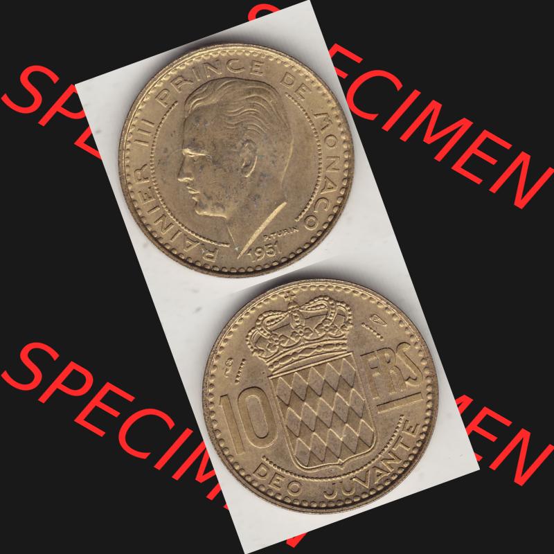 Alte Münzen Monaco Umlaufmünze Vollansicht 1950-1951, 10 Franken - FRS, Francs, 1951-1, P. TURIN RAINIER III PRINCE DE MONACO, 10 FRS DEO JUVANTE.... Sammlung