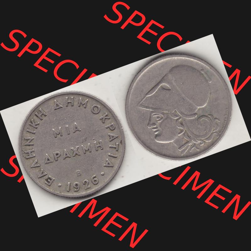 Alte Münzen KMS Griechenland, Kursmünzensatz 1926-1926, 1 Drachme, Mia Apaxmh 1926-1. Vorderseite und Rückseite horizontal auf einen digitalen Bild der alten griechischen... Sammlung