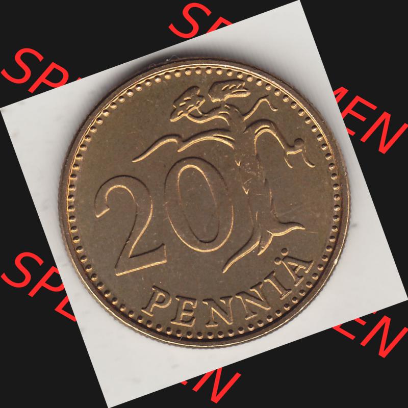 Alte Münzen KMS Finnland, Kursmünzensatz 1976 in Stempelglanz 1963-1990, 20 Penny Penniä 1976-1, SUOMEN TASAVALTA. Rückseite einer Münze aus KMS /... Sammlung