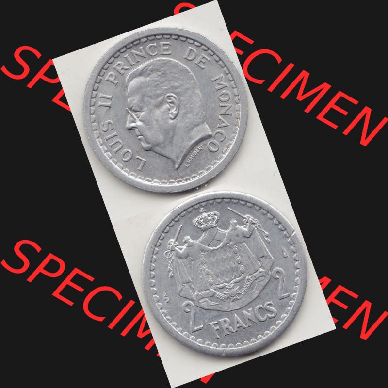 Alte Münzen Monaco Umlaufmünze Vollansicht 1943-1943, 2 Franken 1943-1 in Aluminium, LOUIS II PRINCE DE MONACO, 2 FRANCS DEO JUVANTE. Vorderseite und Rückseite vertikal... Sammlung