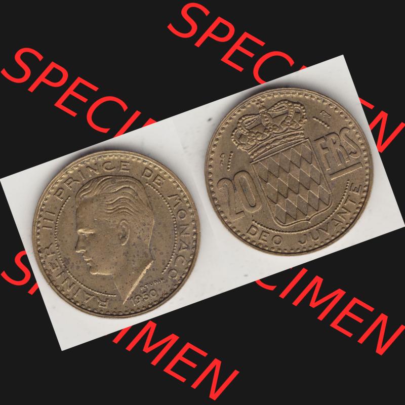 Alte Münzen Monaco Umlaufmünze Vollansicht 1950-1951, 20 Franken - FRS, Francs, 1950-1, P. TURIN RAINIER III PRINCE DE MONACO, 20 FRS DEO JUVANTE.... Sammlung