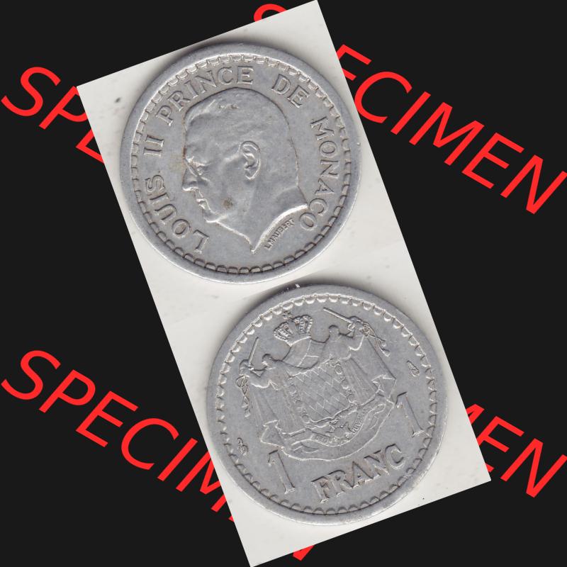 Alte Münzen Monaco Umlaufmünze Vollansicht 1943-1943, 1 Franken 1943-1 Aluminium, L. MAUBERT LOUIS II PRINCE DE MONACO, 1 FRANC DEO JUVANTE. Vorderseite und Rückseite... Sammlung