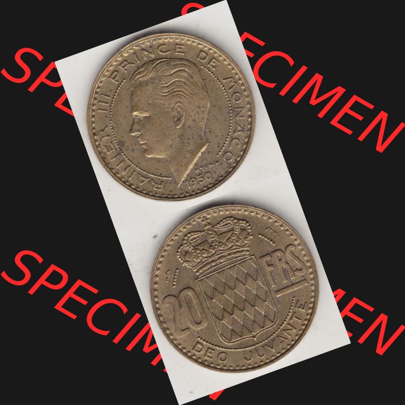 Alte Münzen Monaco Umlaufmünze Vollansicht 1950-1951, 20 Franken - FRS, Francs, 1950-1, P. TURIN RAINIER III PRINCE DE MONACO, 20 FRS DEO JUVANTE.... Sammlung