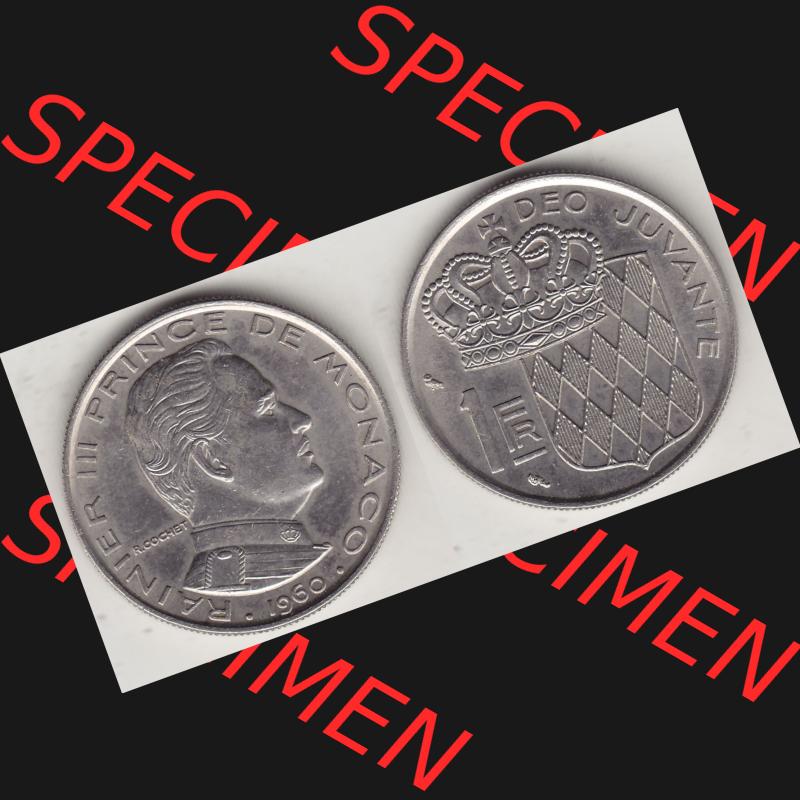 Alte Münzen Monaco Umlaufmünze Vollansicht 1960-1995, 1 Franken, Francs 1960-1, RAINIER III PRINCE DE MONACO R. COCHET, 1 FR DEO JUVANTE. Vorderseite und... Sammlung