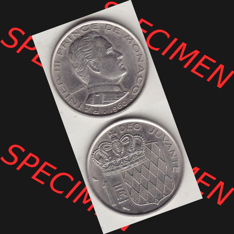 Alte Münzen Monaco Umlaufmünze Vollansicht 1960-1995, 1 Franken, Francs 1960-1, RAINIER III PRINCE DE MONACO R. COCHET, 1 FR DEO JUVANTE. Vorderseite und... Sammlung