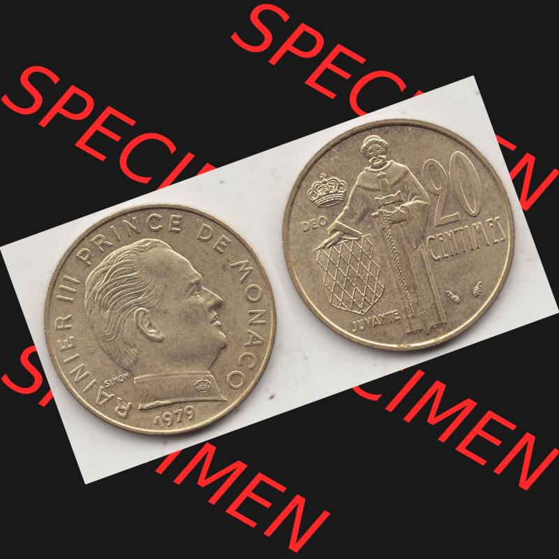 Alte Münzen Monaco Umlaufmünze Vollansicht 1962-1995, 20 Centimes, Cent 1979-1, RAINIER III PRINCE DE MONACO SIMON, 20 CENTIMES DEO JUVANTE. Vorderseite und Rückseite... Sammlung