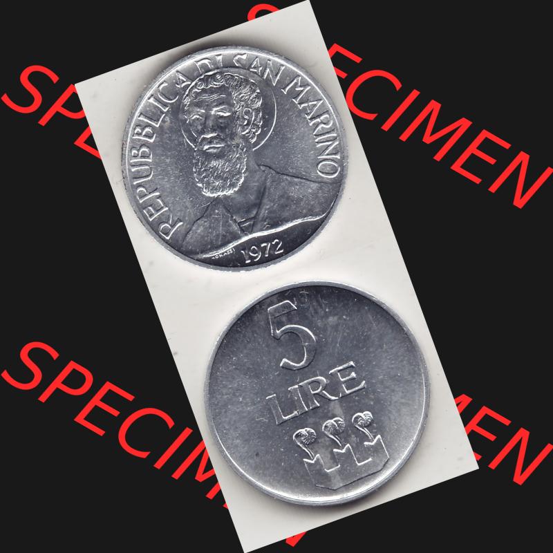 Bildmaterial Münzensatz / KMS 1972 aus San Marino 1972-1972, 5 Lire, 1972, LIRE MONASSI REPUBBLICA DI SAN MARINO. Vorderseite und Rückseite einer Umlaufmünze... Sammlung