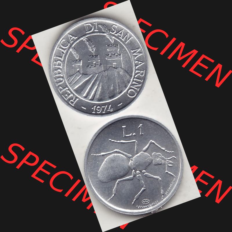 Bildmaterial Münzensatz / KMS 1974 aus San Marino 1974-1974, 1 Lire, 1 Lira, L.1 MINGUZZI MONASSI INC.. Vorderseite und Rückseite als vertikales untereinander... Sammlung