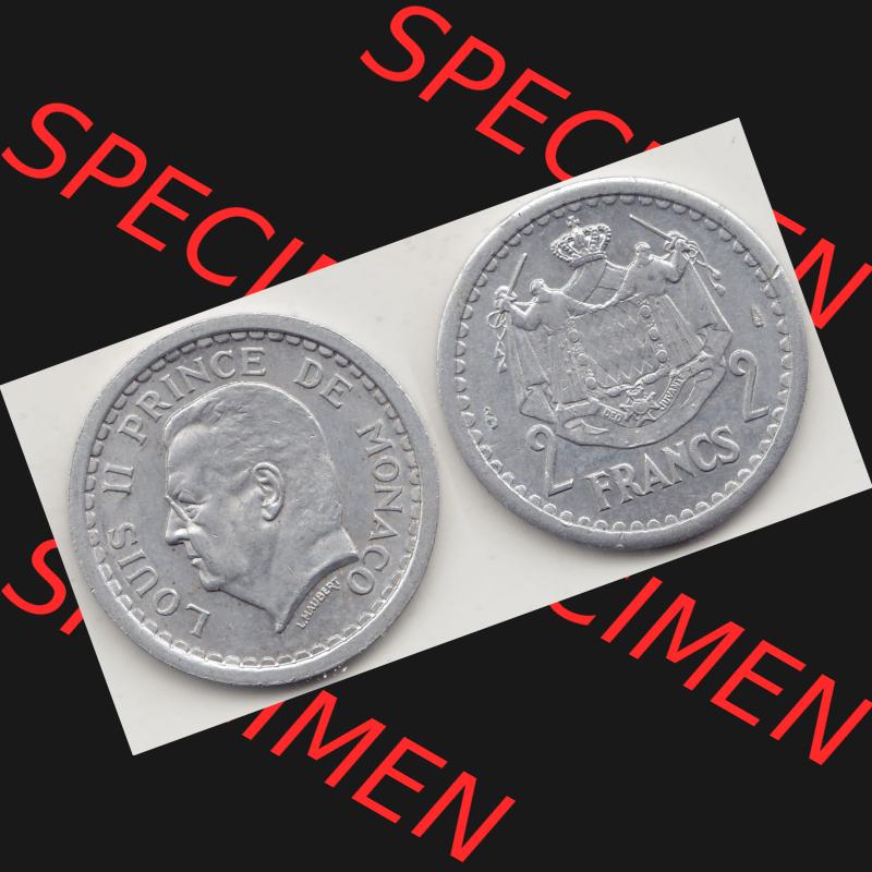 Alte Münzen Monaco Umlaufmünze Vollansicht 1943-1943, 2 Franken 1943-1 in Aluminium, LOUIS II PRINCE DE MONACO, 2 FRANCS DEO JUVANTE. Vorderseite und Rückseite horizontal... Sammlung