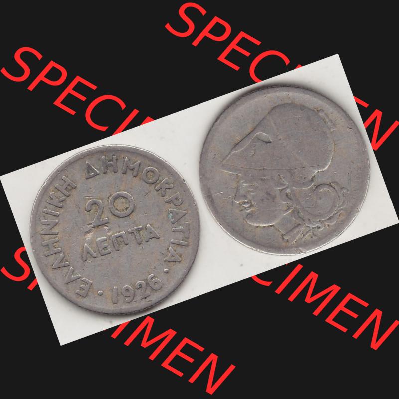 Alte Münzen KMS Griechenland, Kursmünzensatz 1926-1926, 20 Lepta Aenta 1926-1. Vorderseite und Rückseite horizontal auf einen digitalen Bild der alten griechischen Umlaufmünze... Sammlung