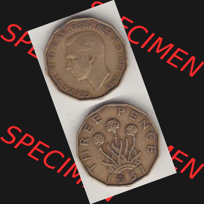 Alte Münzen Großbritannien Umlaufmünze 1937-1948, 3 Pence, Three Pence 1937-1, George VI, GEORGIVS VI D G BR OMN REX F D IND IMP. Vorderseite und Rückseite... Sammlung