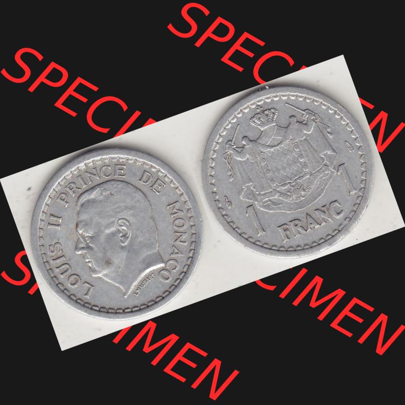 Alte Münzen Monaco Umlaufmünze Vollansicht 1943-1943, 1 Franken 1943-1 Aluminium, L. MAUBERT LOUIS II PRINCE DE MONACO, 1 FRANC DEO JUVANTE. Vorderseite und Rückseite... Sammlung