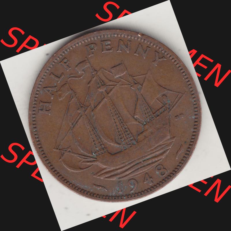 Alte Münzen Großbritannien Umlaufmünze 1937-1948, Half Penny, 1948-1, George VI, HALF PENNY HP, Segelschiff. Rückseite der alten britischen Münze... Sammlung