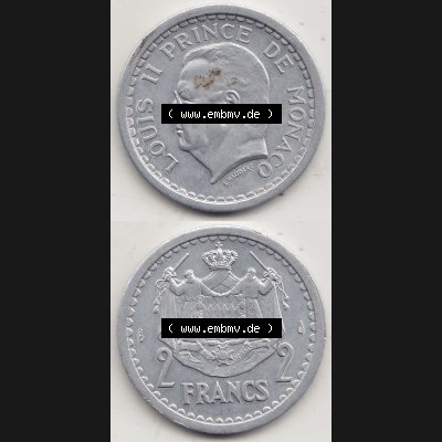 Alte Münzen Monaco Umlaufmünze Vollansicht 1943-1943, 2 Franken 1943-2, in Aluminium, LOUIS II PRINCE DE MONACO, 2 FRANCS DEO JUVANTE. Vorderseite und Rückseite... Sammlung