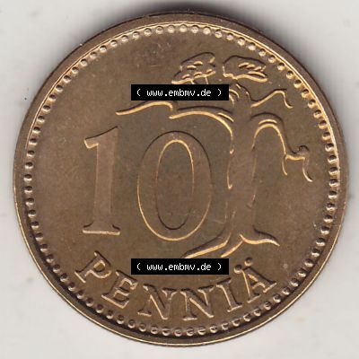 Alte Münzen KMS Finnland, Kursmünzensatz 1976 in Stempelglanz 1963-1982, 10 Penny, Penniä 1976-1, SUOMEN TASAVALTA. Rückseite einer Münze aus KMS... Sammlung