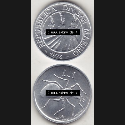 Bildmaterial Münzensatz / KMS 1974 aus San Marino 1974-1974, 1 Lire, 1 Lira, L.1 MINGUZZI MONASSI INC.. Vorderseite und Rückseite als vertikales untereinander... Sammlung