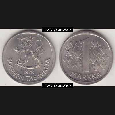 Alte Münzen KMS Finnland, Kursmünzensatz 1978 in Stempelglanz 1969-1993, 1 finnische Mark, Markka 1978-1. Digitales Bild / Bildmaterial mit Vorderseite und Rückseite... Sammlung