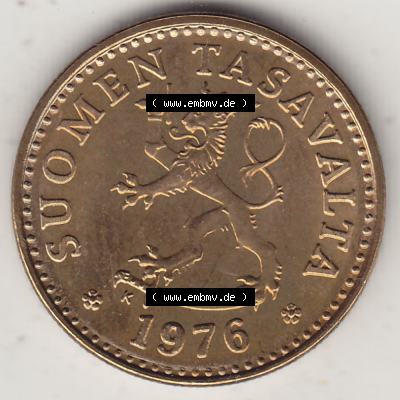 Alte Münzen KMS Finnland, Kursmünzensatz 1976 in Stempelglanz 1963-1982, 10 Penny, Penniä 1976-1, SUOMEN TASAVALTA. Vorderseite einer Münze aus KMS /... Sammlung