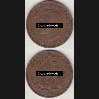 Alte Münzen Großbritannien Umlaufmünze 1937-1948, Half Penny, 1948-1, George VI, HALF PENNY HP, Segelschiff. Vorderseite und Rückseite vertikal... Sammlung