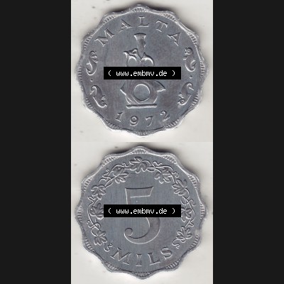 Bildmaterial Münzensatz / KMS 1972 aus Malta 1972-2007, 5 Mils 1972-1, MALTA 5 MILS. Vorderseite und Rückseite als vertikales untereinander zusammengefügte Bilder... Sammlung