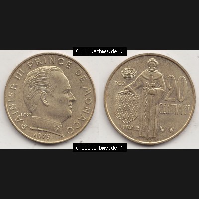 Alte Münzen Monaco Umlaufmünze Vollansicht 1962-1995, 20 Centimes, Cent 1979-1, RAINIER III PRINCE DE MONACO SIMON, 20 CENTIMES DEO JUVANTE. Vorderseite und Rückseite... Sammlung
